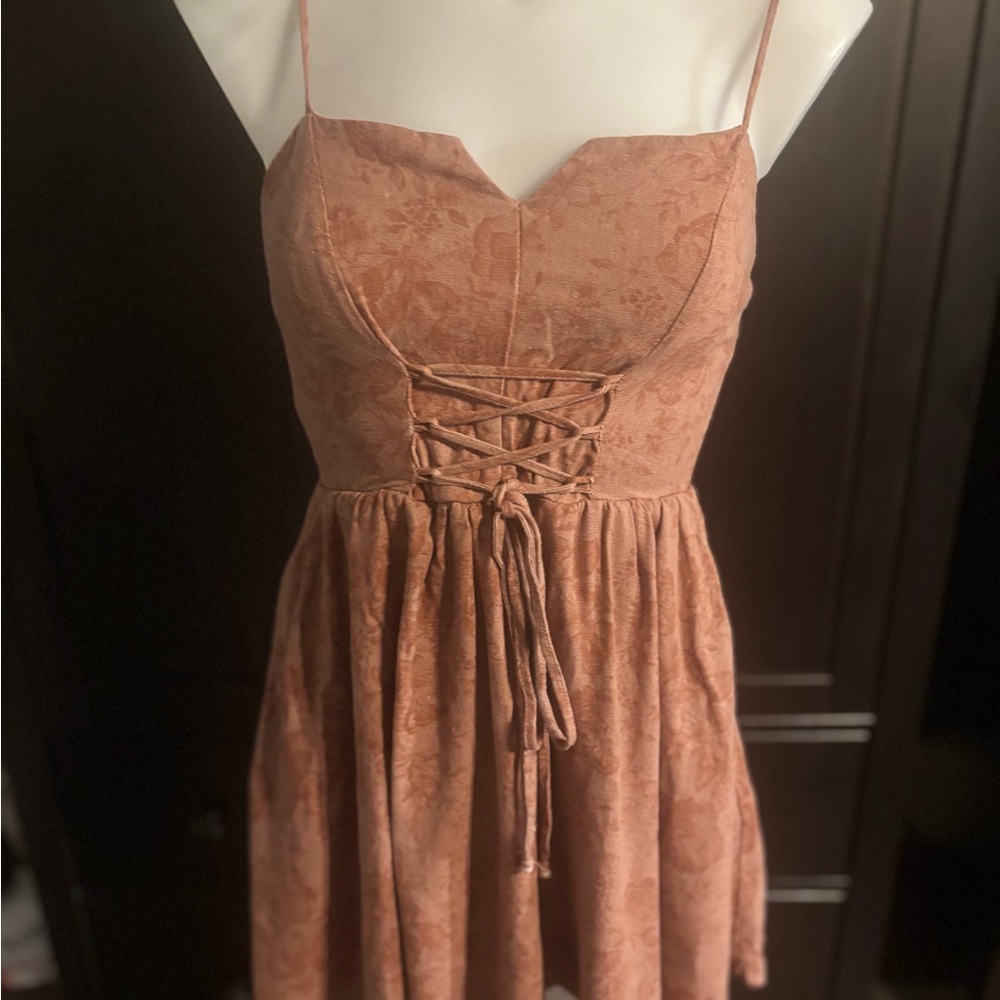 Altar'd State Lace-Up Floral Mini Dress in Tan